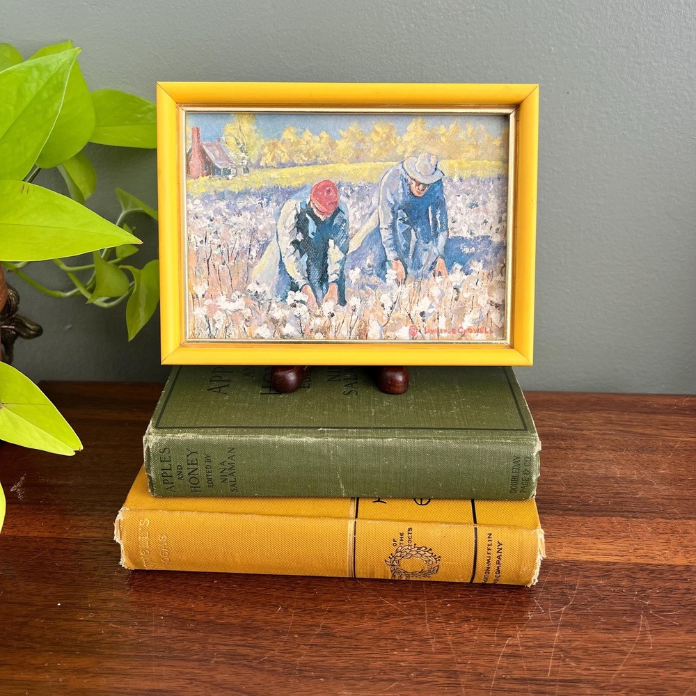 Vintage Cotton Field Print Yellow Frame Southern Farm Art Lawrence  Crowell